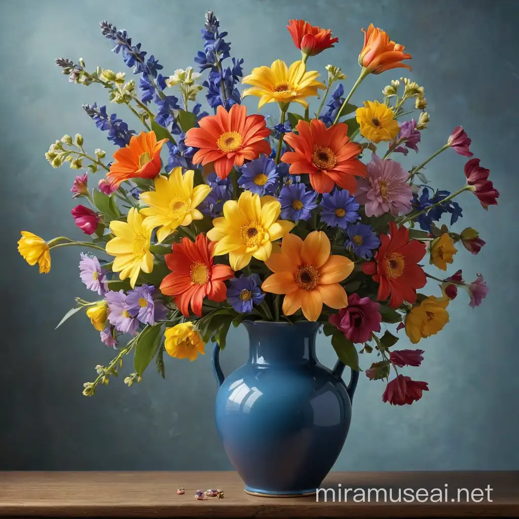 A bouquet of colorful flowers in a blue vase
