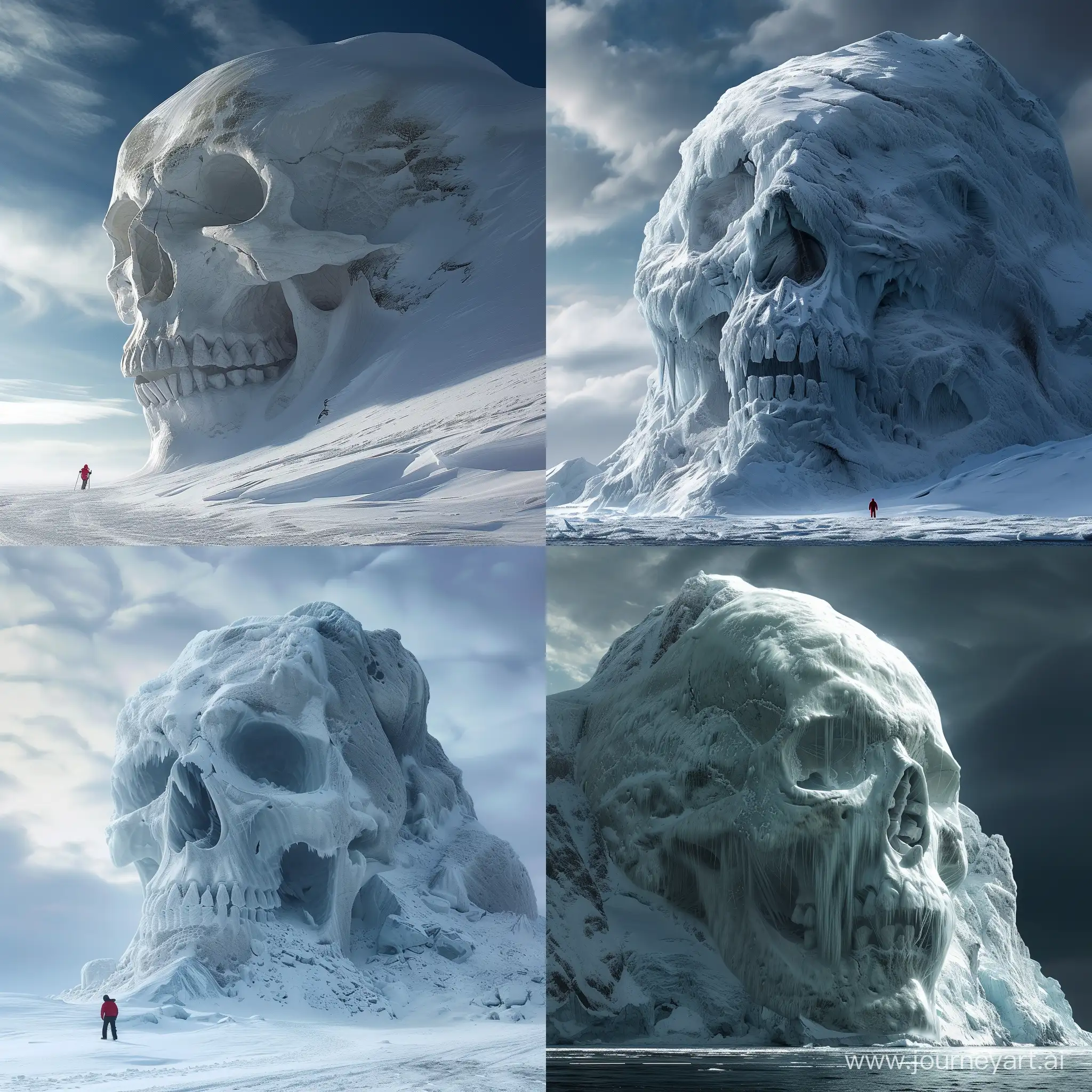 A arctic mountain that looks like a skull, scary , spooky , ethereal 