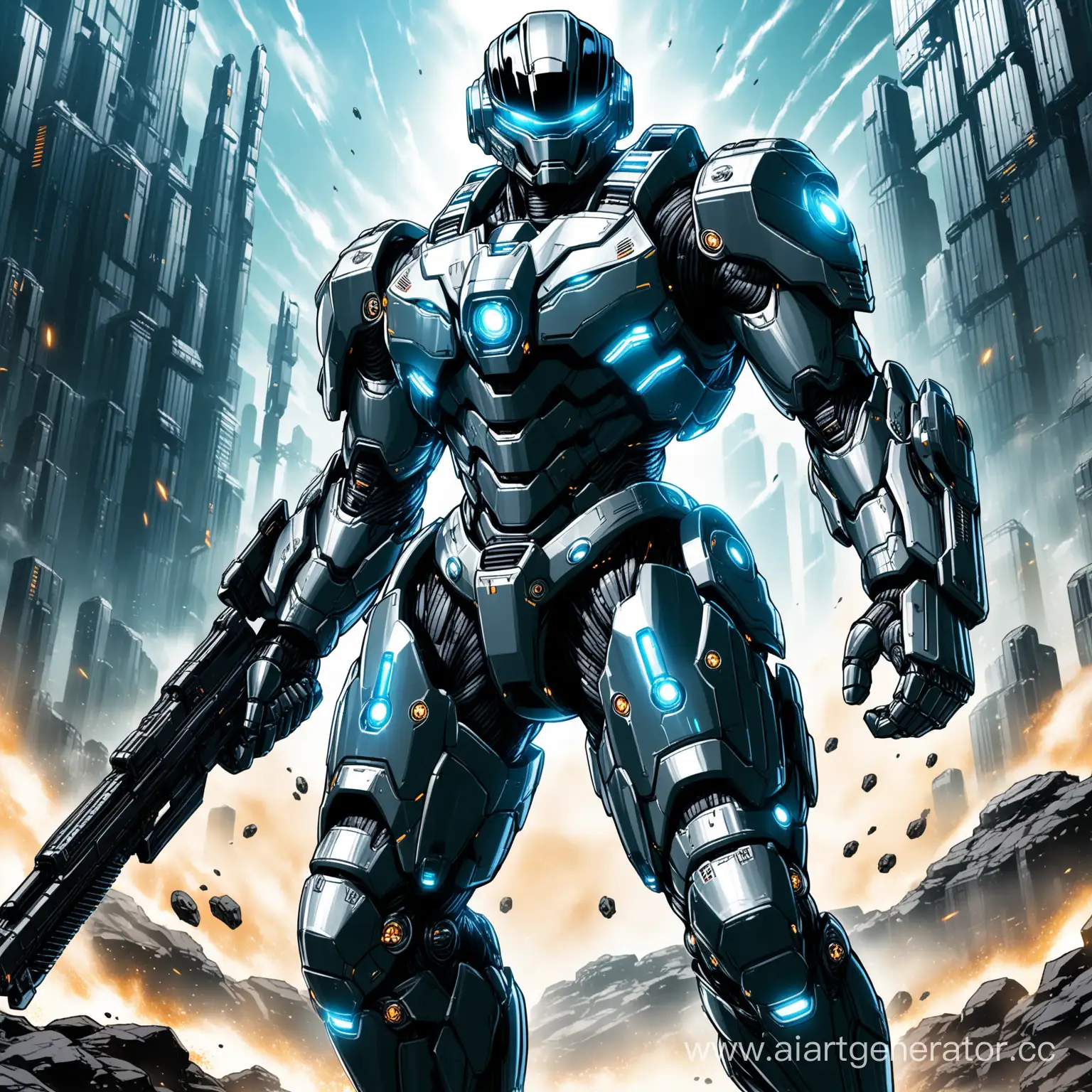 В эпической позе в бою, Высокотехнологичный, брутальный, мощный, имеющий дополнительную усиленную броню Robocop 3000 в стиле F.H.A.T.C.A.L. WARRIORS, оснащен самыми передавшими технологиями во вселенной далекого будущего,