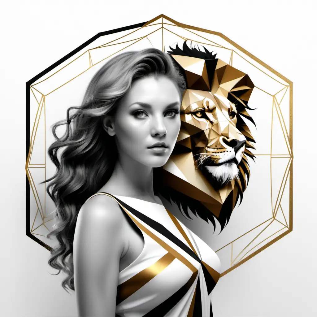 Realistic Leo Zodiac Lady with Geometric Shapes and Lion in Black White and Gold