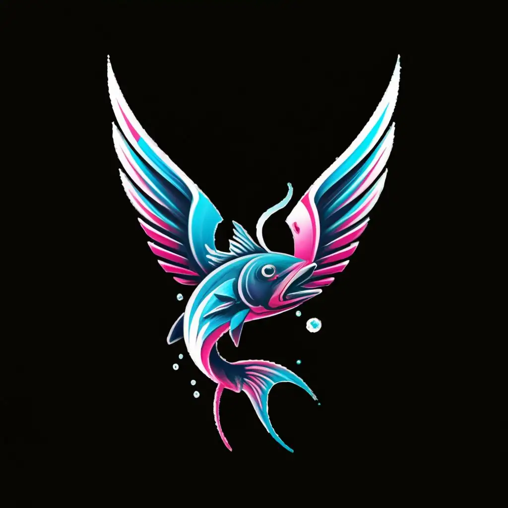 LOGO Design For Flying Fish Hyperrealistic Vector Fish with Wings in Pink  Black and Blue
