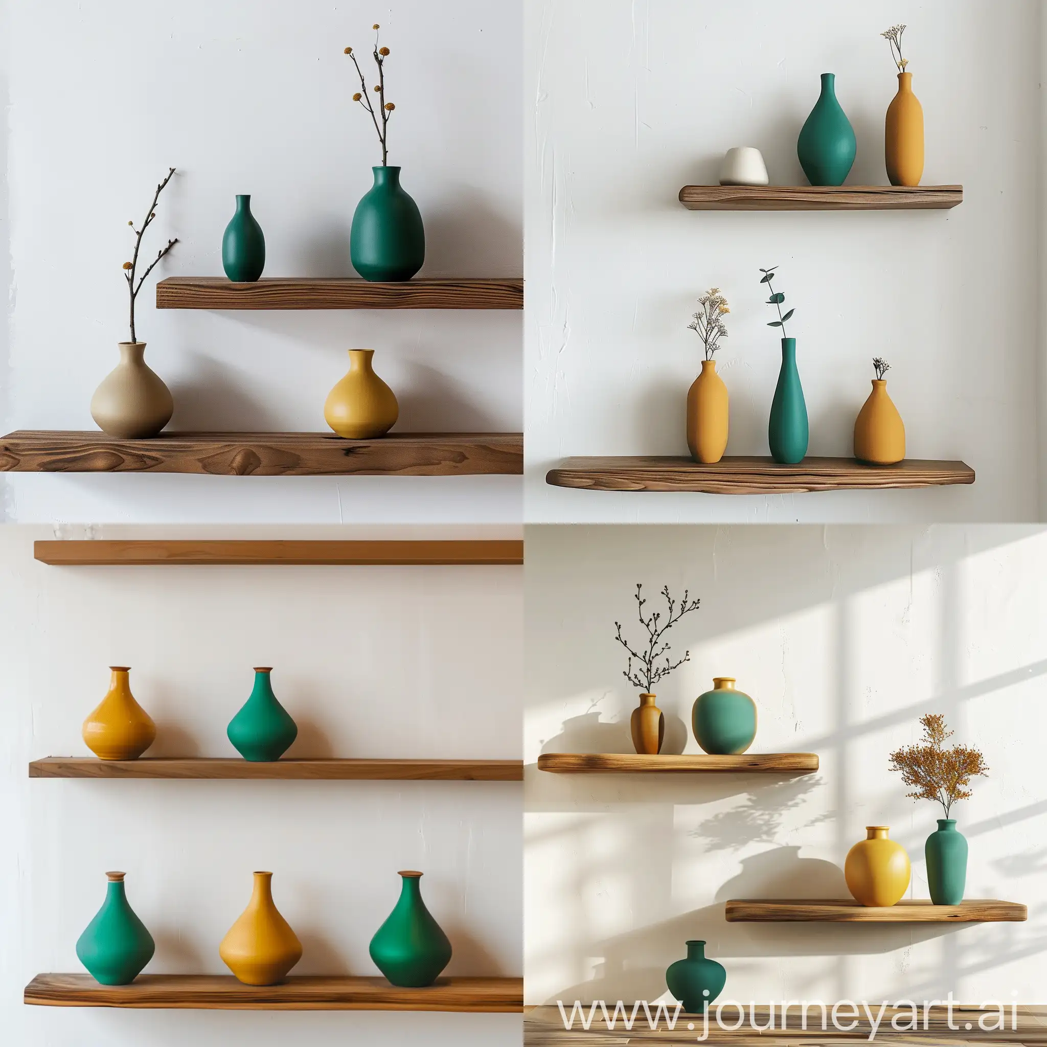Minimalistic-Emerald-and-Mustard-Vases-on-Wooden-Shelves