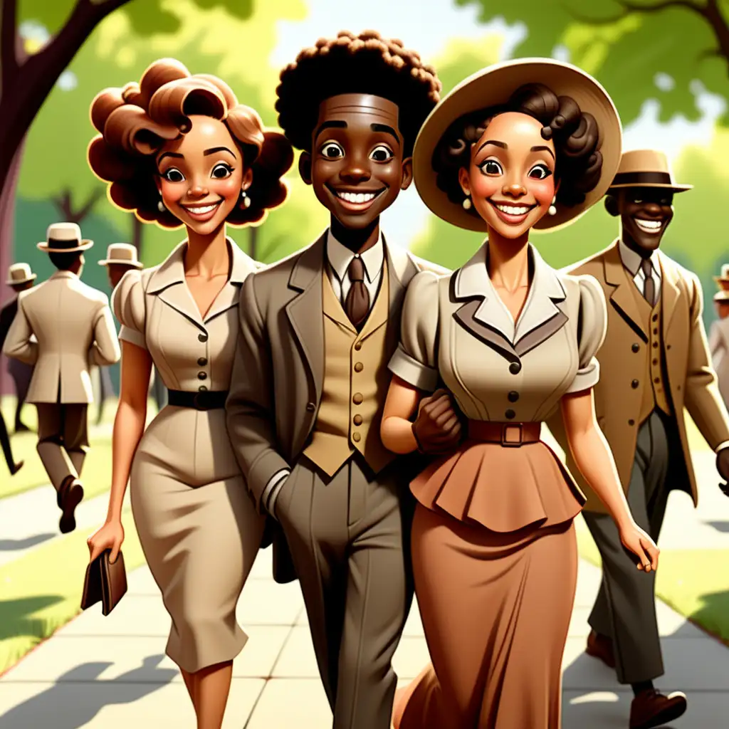 Joyful Stroll 1900s CartoonStyle African Americans in a Park