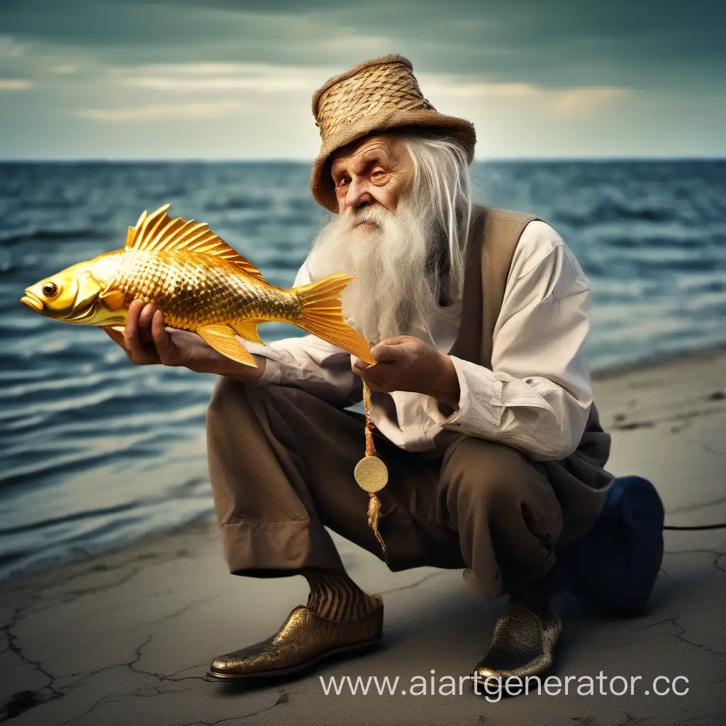 Russian-Old-Man-with-Golden-Fish-by-the-Empty-Sea