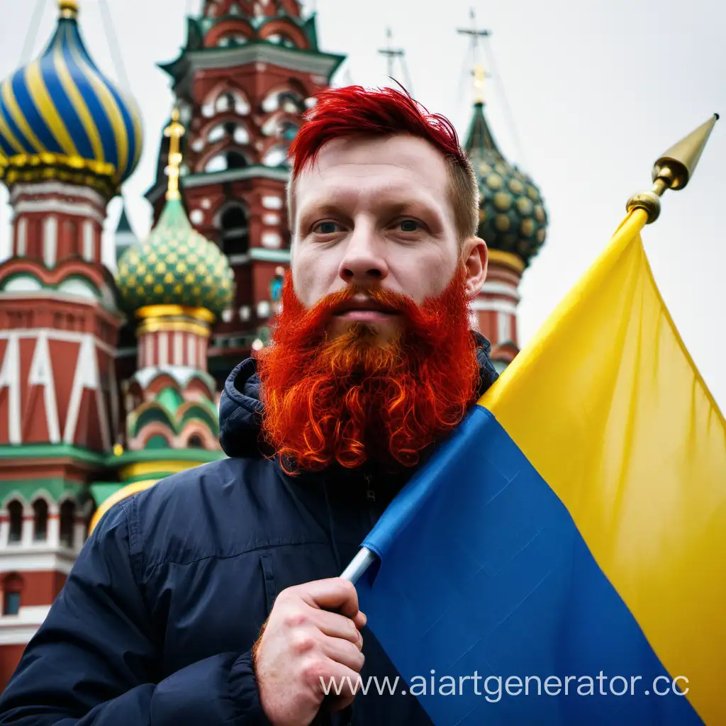 мужчина 36 лет с рыжей бородой держит в руках украинский флаг на красной площади