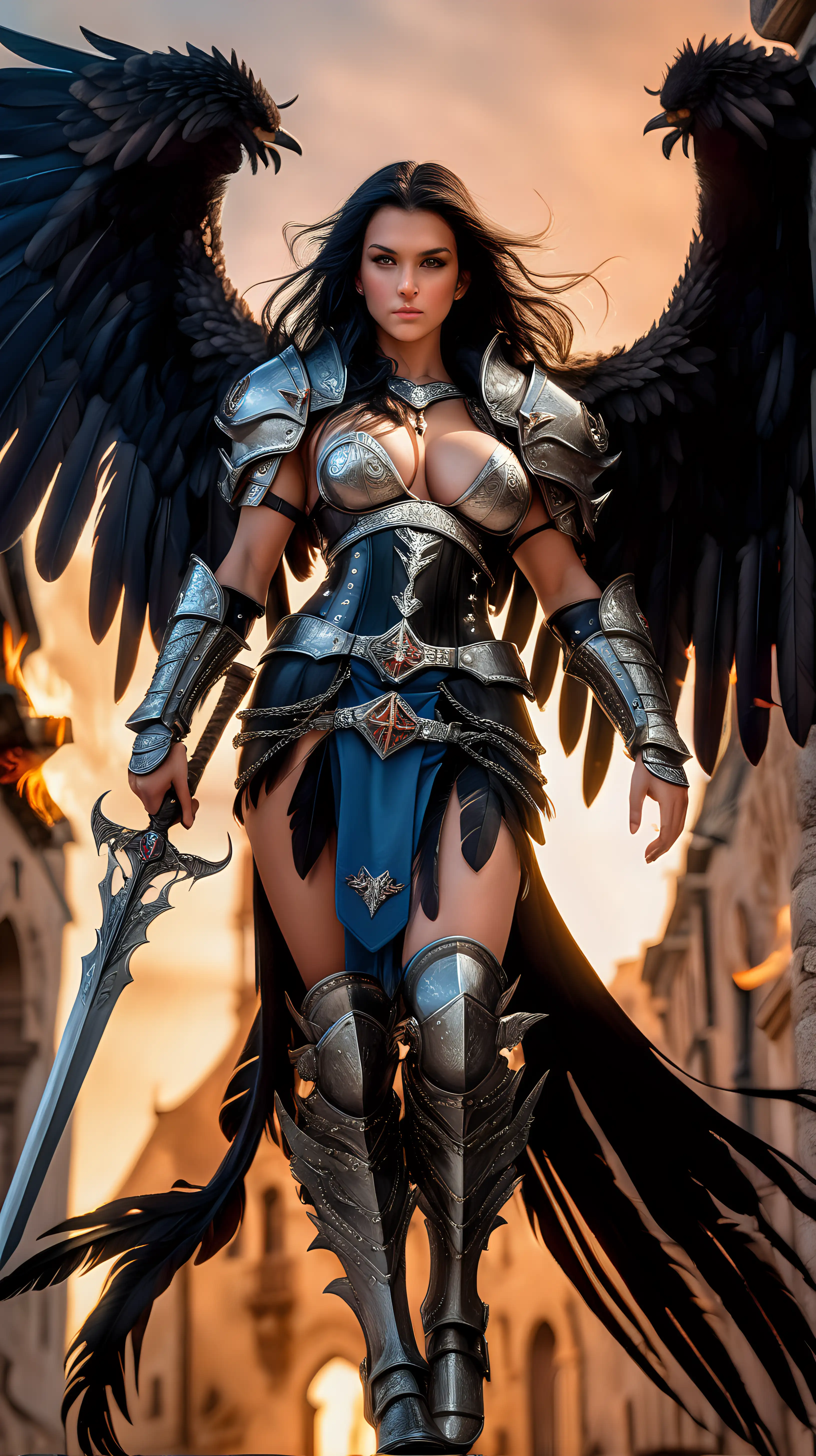(cinematic lighting), photorealistic full length photograph of a female paladin fallen angel, hauntingly beautiful, waist length cascading jet black hair, pale skin, blue eyes, large breasts, ample cleavage, walking through a medieval city in flames at sunset, large black feather wings, perfect proportional breasts, flirty smile like she knows something that you don't, plate and chain armor with pauldrons, grasping a great sword with a red glow, fantasy, d&d, dynamic pose, zoomed out to show her full body and wings, realistic, fine details, photorealism, cinematic, hyperdetailed, ultra detailed, 16k, unreal engine, octane render, frank frazetta, Boris Vallejo

