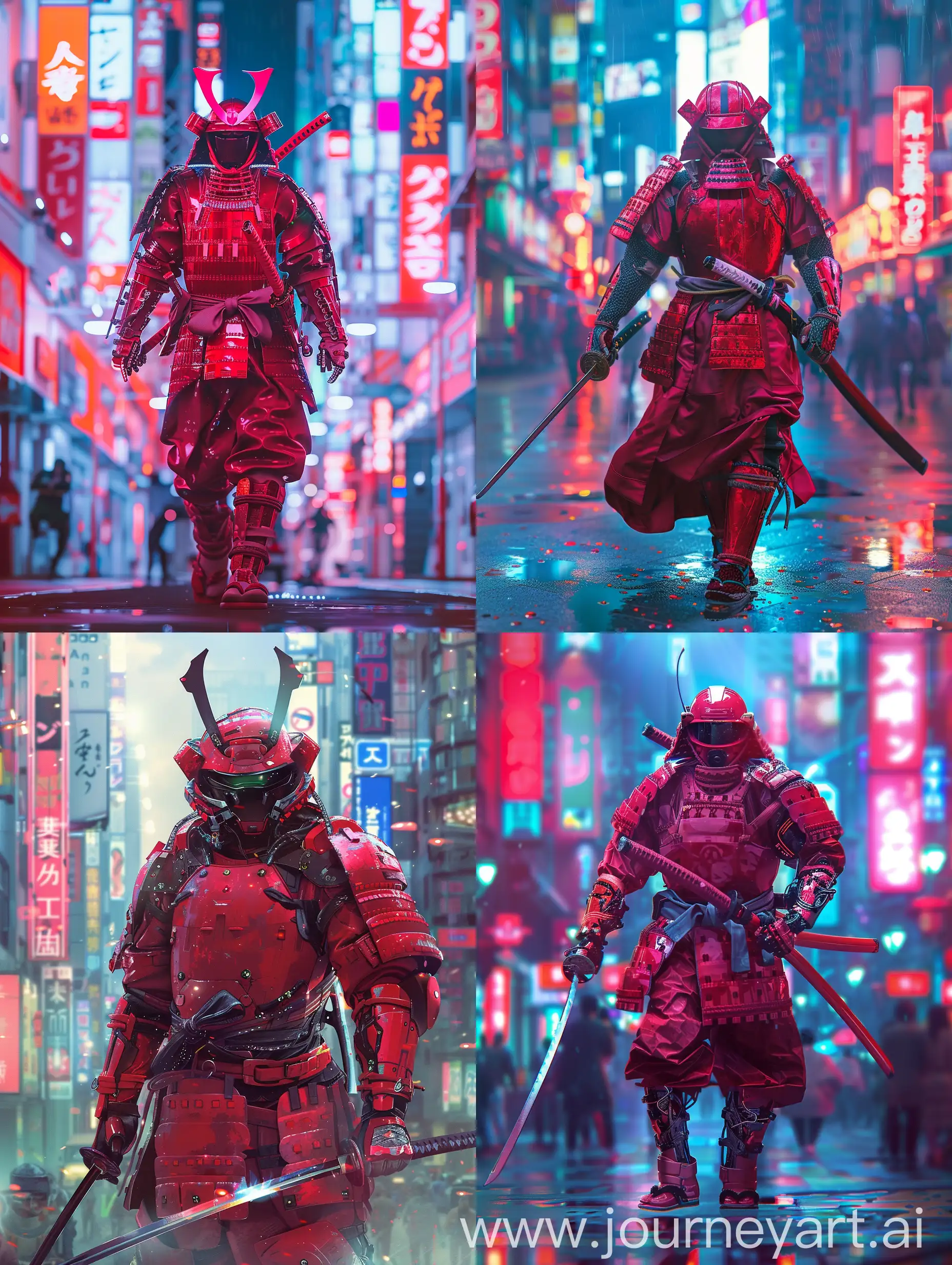 
In a fusion of tradition and technology, envision the striking figure of a Cybernetic Samurai amidst a neon-lit urban landscape. Clad in a crimson samurai suit reminiscent of Kanō Hōgai's inspiration, this warrior embodies the essence of ancient honor merged with futuristic innovation. His armor, a blend of traditional samurai attire and cutting-edge Japanese techwear, exudes a captivating allure. The vibrant red hues of his high-tech armor, reminiscent of traditional samurai garb, contrast against the sleek urban backdrop, symbolizing a fusion of past and future. With a samurai sword gripped firmly in hand, he navigates the cyberpunk cityscape with precision and grace, his movements a seamless blend of tradition and modernity. As he traverses the neon-lit streets, he commands attention with an aura of undeniable elegance and strength, embodying the spirit of a cybernetic samurai warrior.