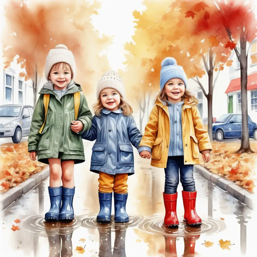 Joyful Children in Rubber Boots Walking Down Autumn Street Watercolor Illustration