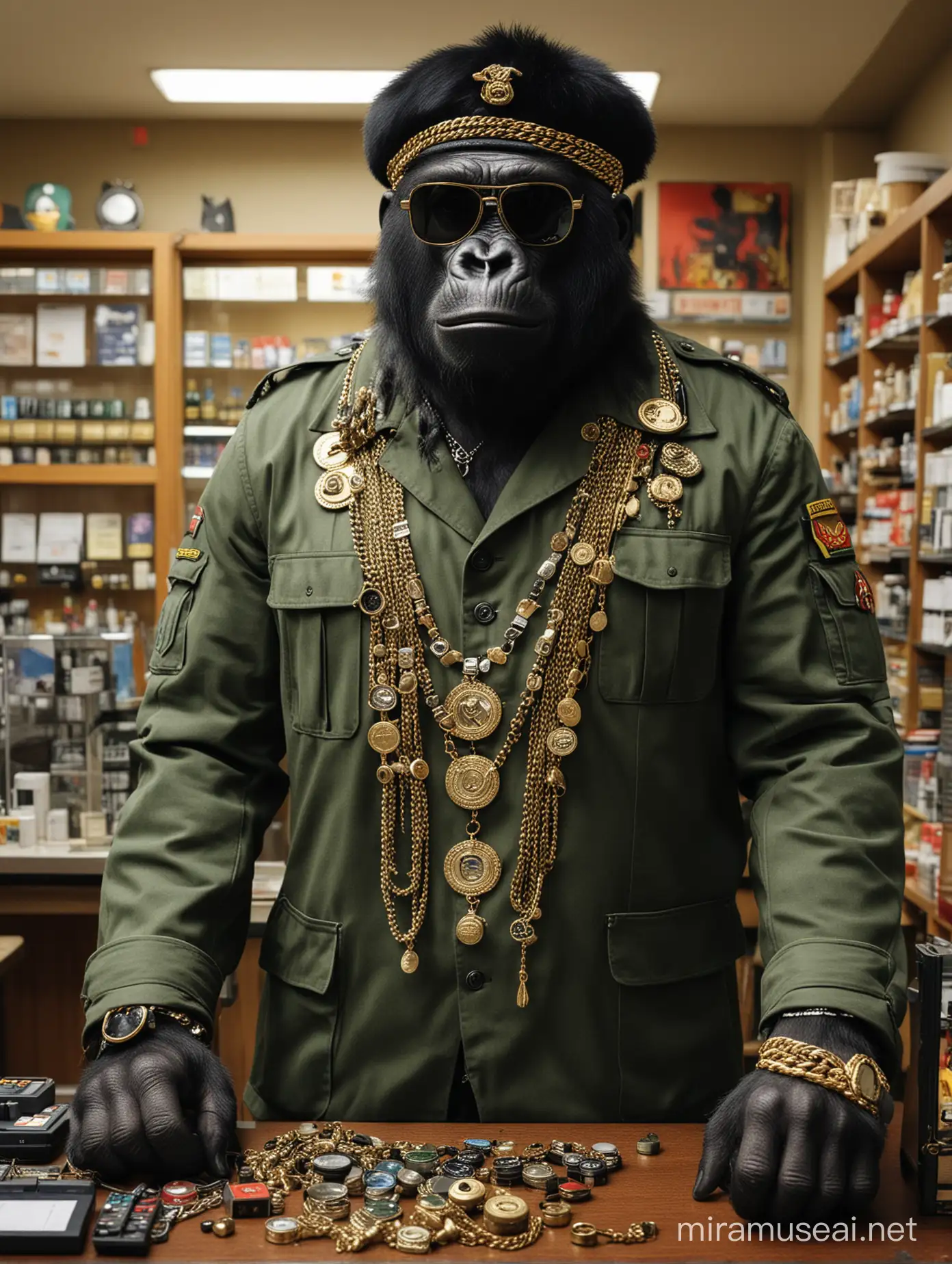 Defiant Gorilla in Military Attire Stands in Pharmacy with Roland 808 Drum Machine