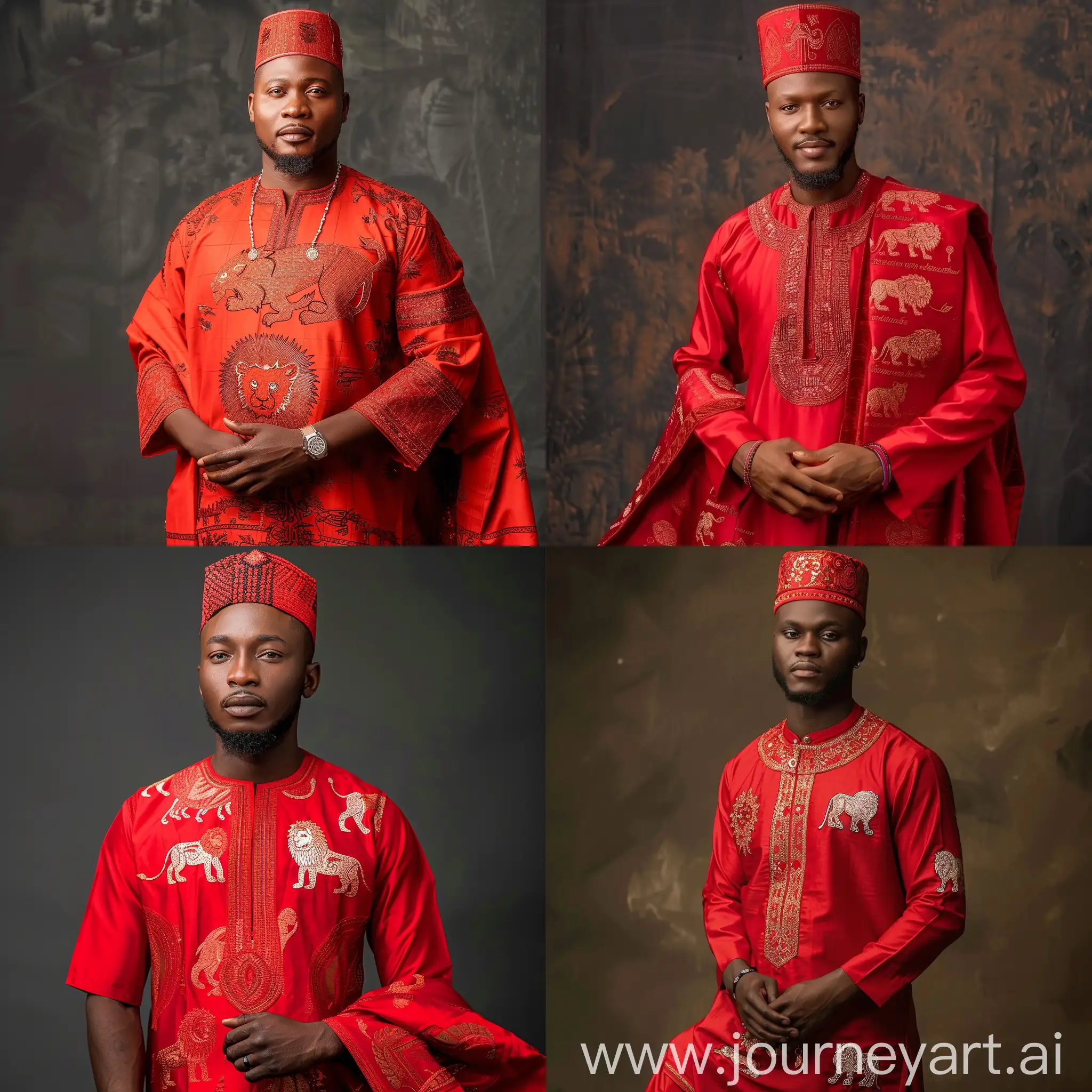 Igbo man dressed in red traditional attire with engraved lion images