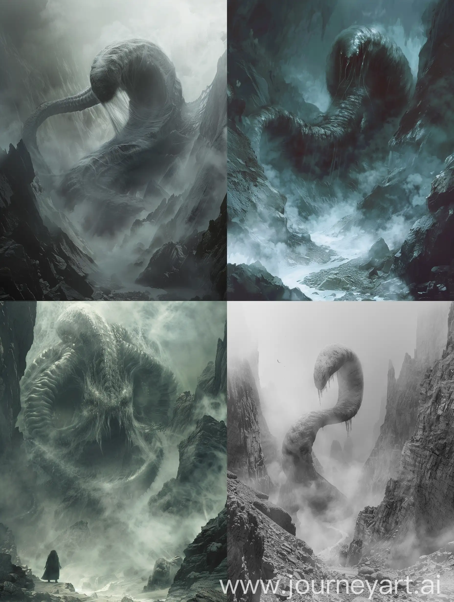 ((A monstrous Like a giant worm and faceless monster with an appearance similar to a mutated worm whose body is shrouded in fog in the depths of the caves under the erth)), (the depths of the earth:1.5), a fearful place, full of fog, thick fog, sharp rocks, endless, formidable, huge, towards the center of the earth, very uneven, very uneven, the depths of the earth, ((faceless)),