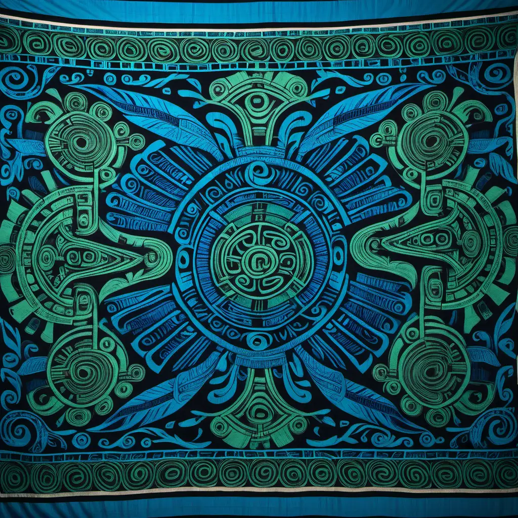 Mayan Cloth Tapestry of the Wind in Blue and Green
