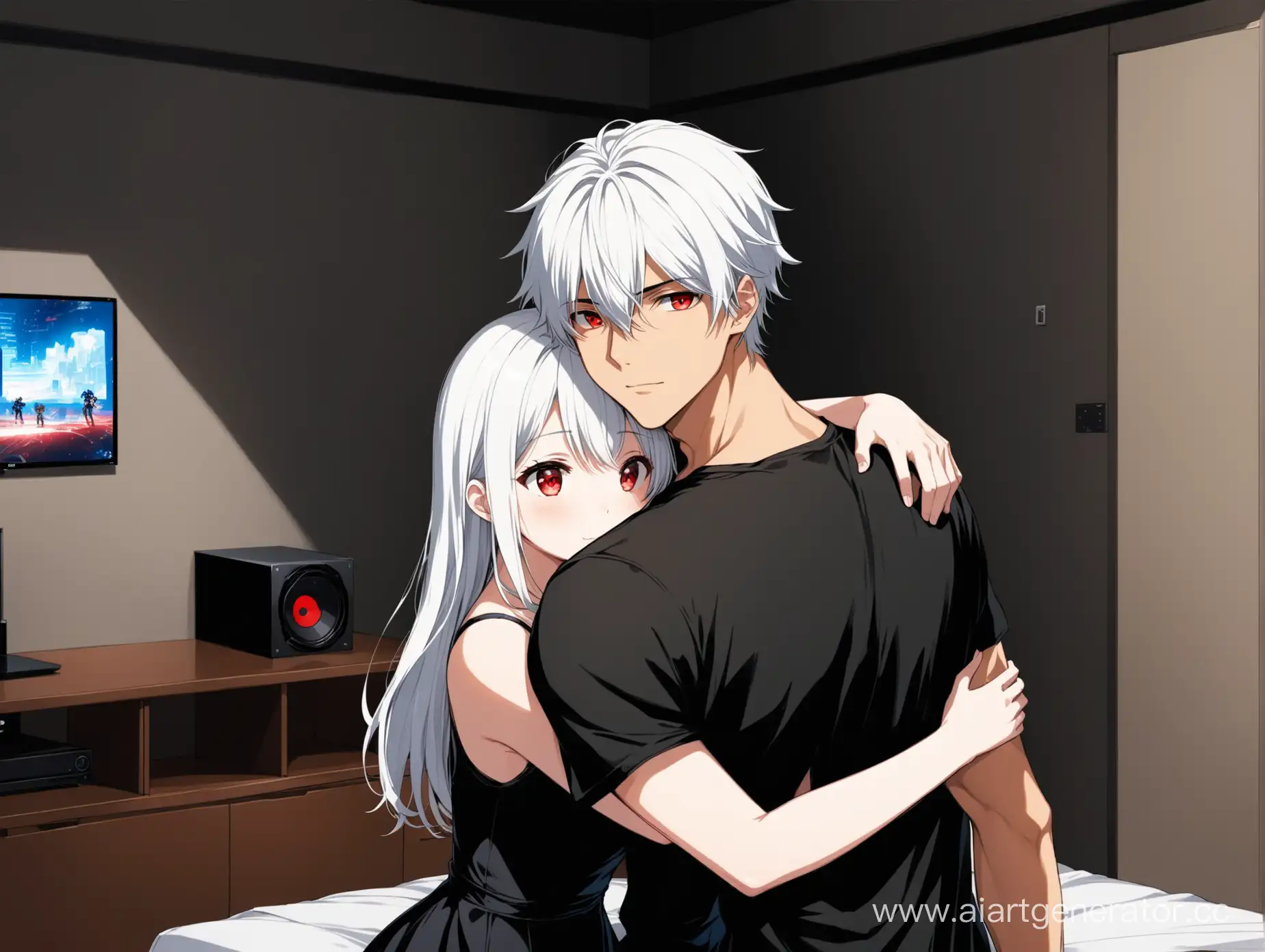 Anime-Couple-Embracing-in-Gaming-Room