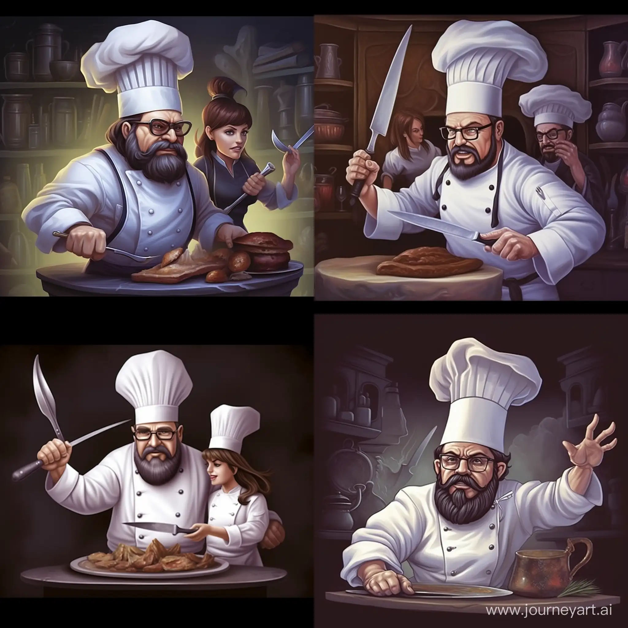 Tense-Culinary-Confrontation-Bearded-Nobleman-Strangles-Brunette-Chef