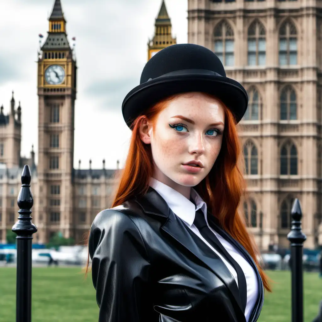 beautiful young redhead woman with piercing blue eyes and freckles, wearing a black latex business jacket, and black latex leggings with white shirt and tie and bowler hat with the houses of Parliament in London,m in the background