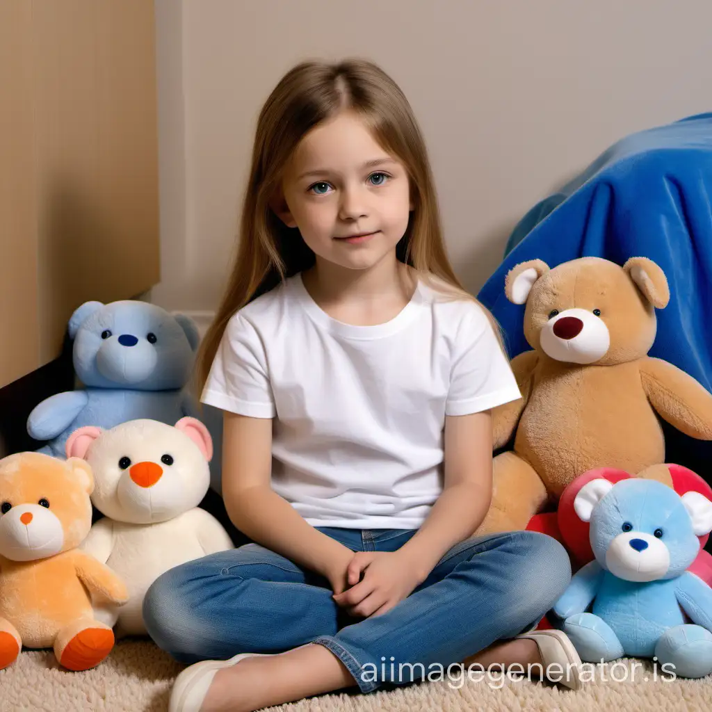 The translation of input: 'a little girl 7-8 years old with dark blond hair and gray eyes, dressed in a white T-shirt and blue jeans sits on a soft beige carpet with long pile, surrounded by a bunch of soft toys.'