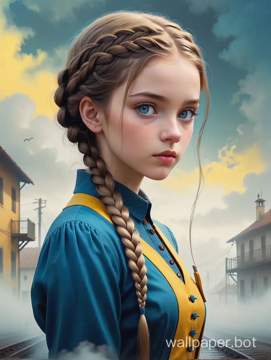 Vintage atmosphere, Gabriel Pacheco style, yellow background in a foggy cloud, dark girl 15 years old, big clear blue eyes, hair braided, intricate details, octane, bright 3D illustration, clarity, height - 3/4