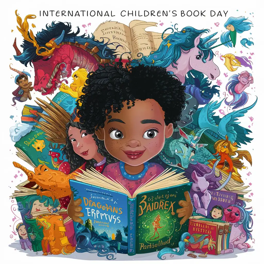 international children's book day poster illustration, a multiracial child with wonderful children books surrounding her/him, mythical and adventurous, white background