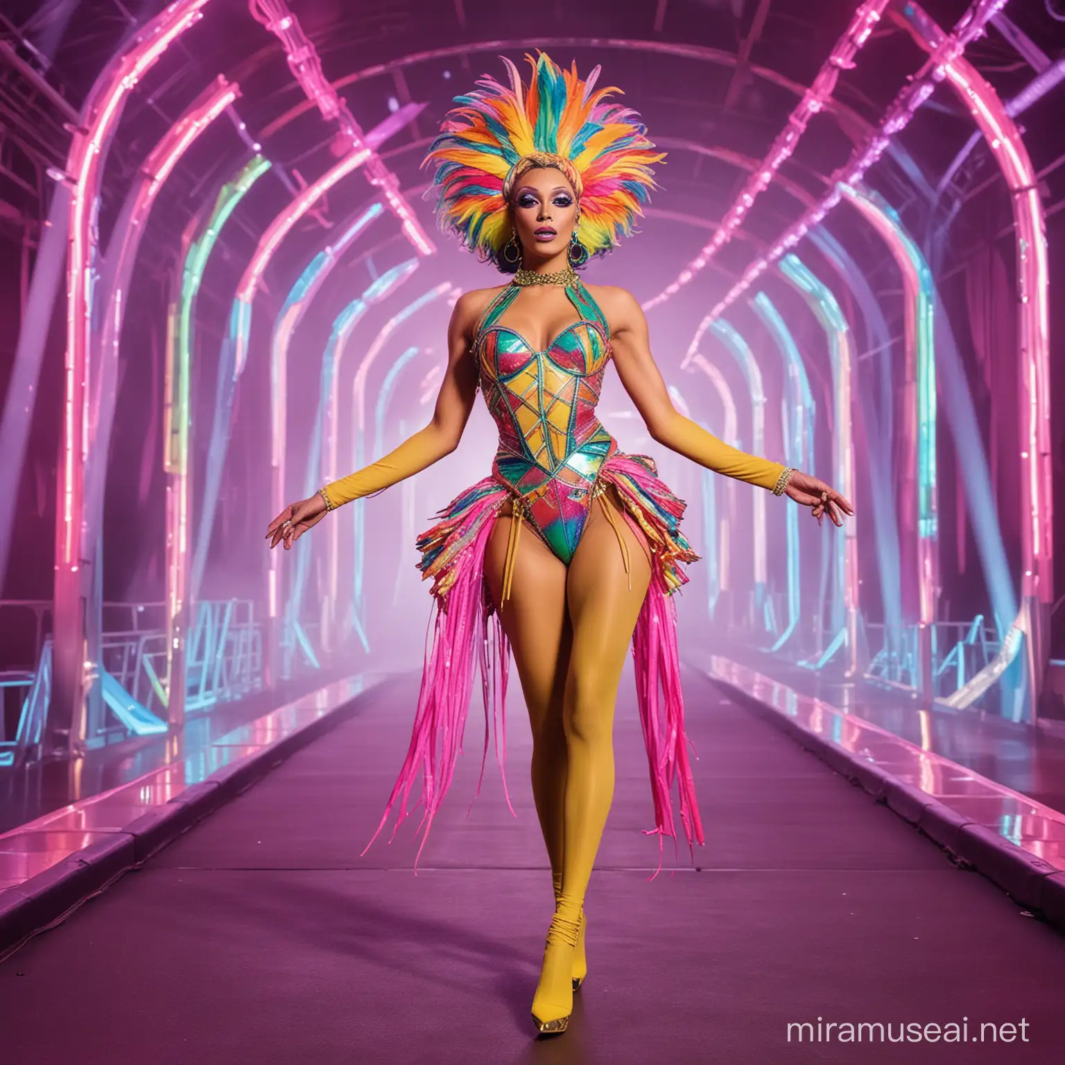 a full body image of a skinny brazilian neon drag queen walking on the Rupaul's Drag race runway wearing an outfit inspired by the prompt: technicolour 