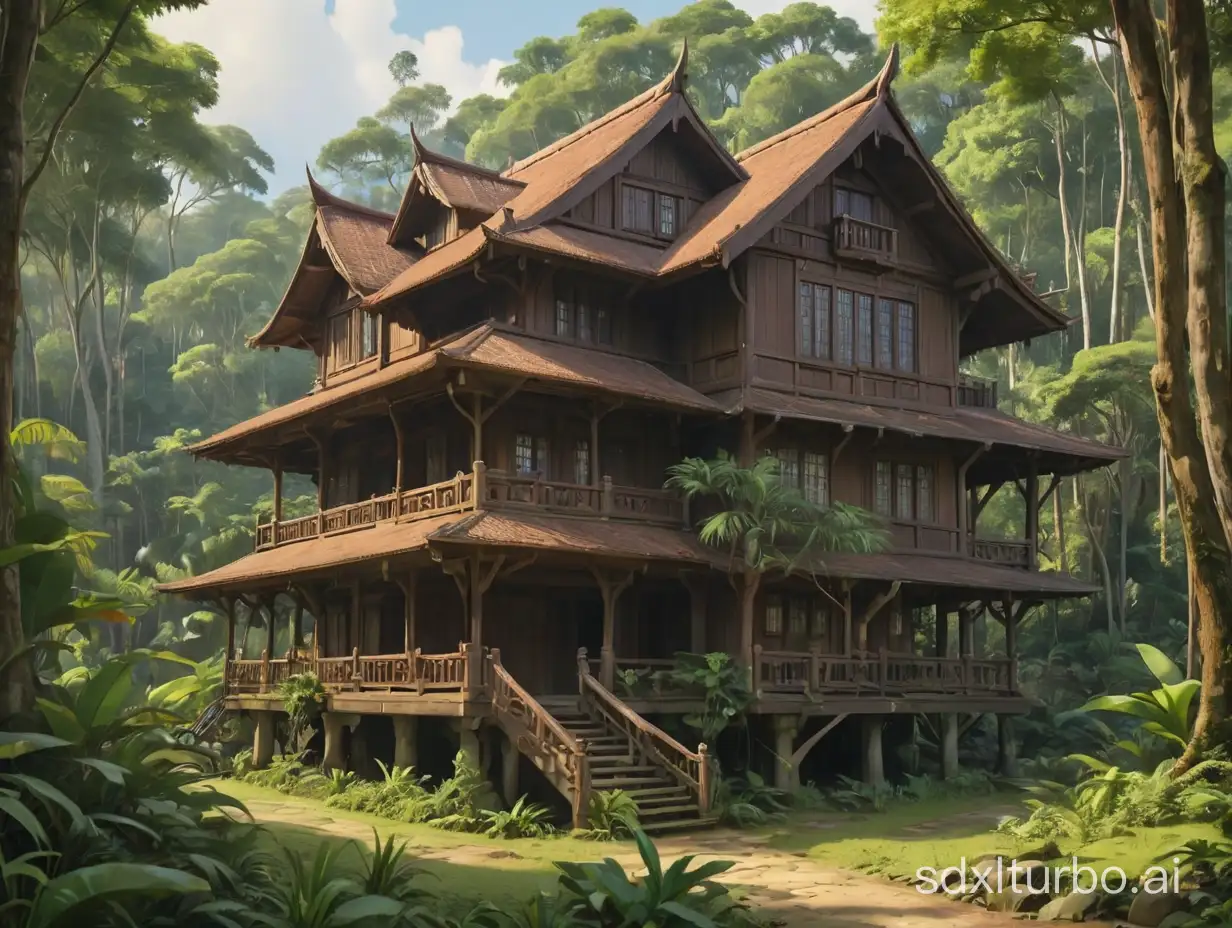 malaysia malay wooden house in disney forest in 4k studio ghibli style