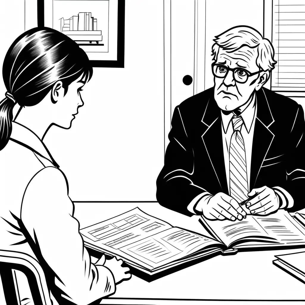 simple black and white coloring book illustration of older teen talking to older psychiatrist in office


