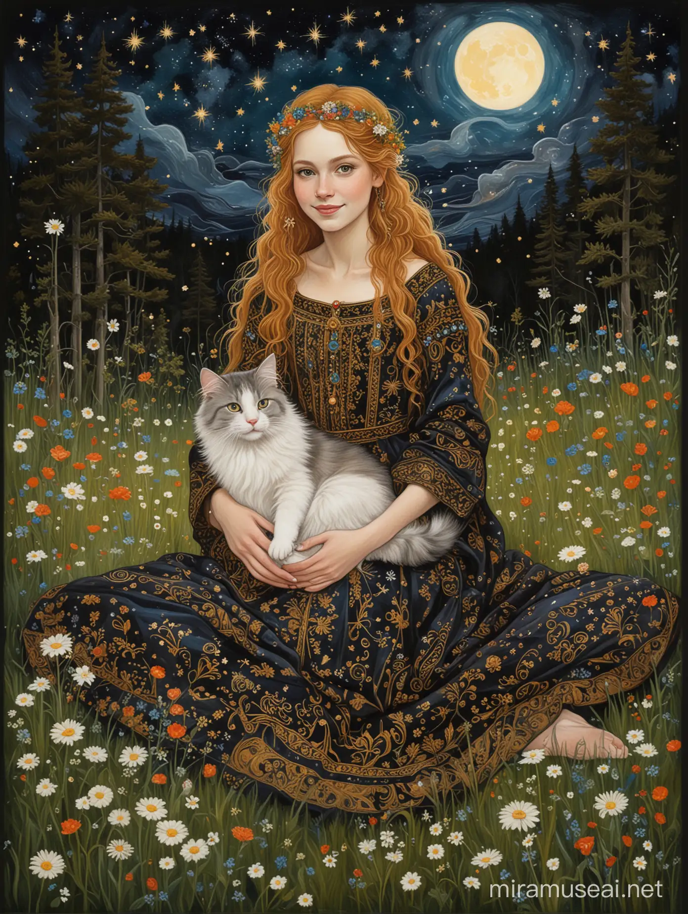Smiling Medieval Elf with Norwegian Forest Cat under Starry Night Sky