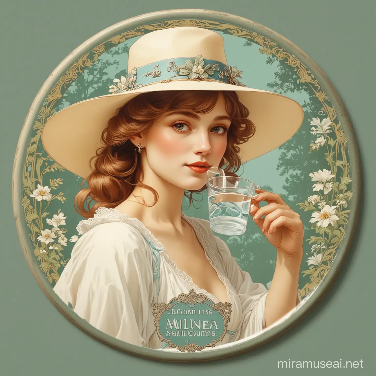 create circle 
retro poster "mucha" style. Lady in park 
 with hat on the head, drinking mineral water from small porcelain china spa drinker. On the drinker is sign Poděbrady