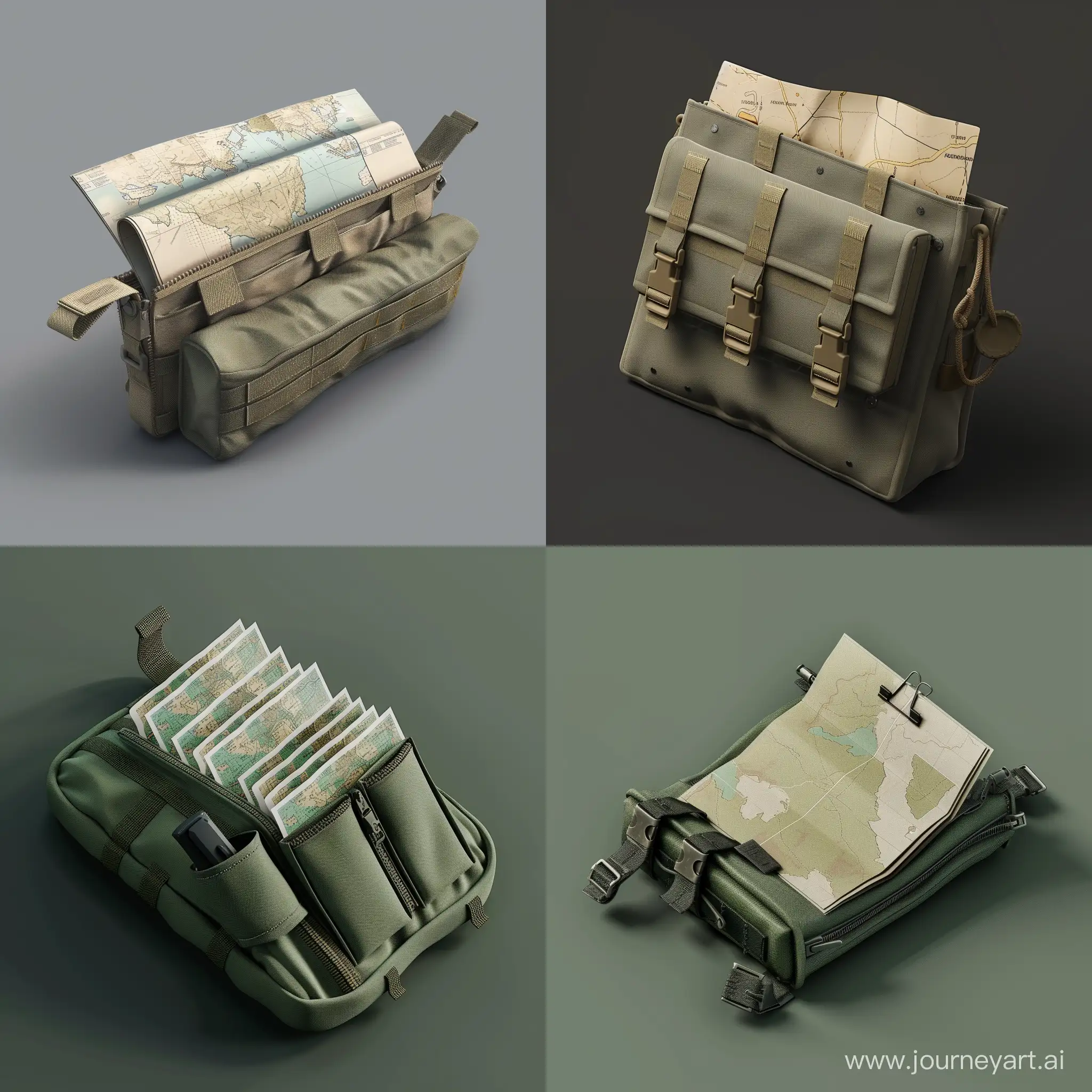 isometric military mapping cartographic set folded paper sticking out of mini long opened tactical pouch folder, 3d render, tarkov style