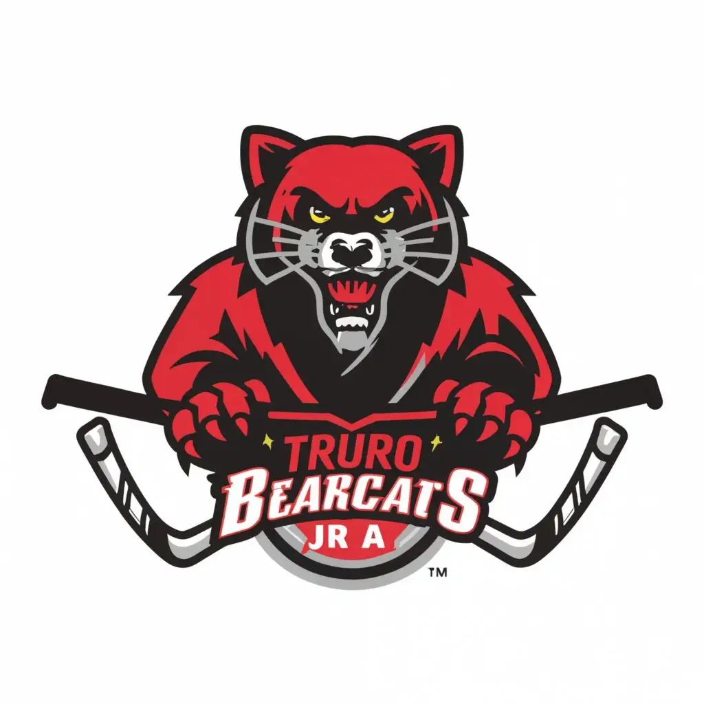 a logo design,with the text "Truro Bearcats JR A", main symbol:hockey, bearcat, red white black, logo, T, circle,Moderate,be used in Sports Fitness industry,clear background