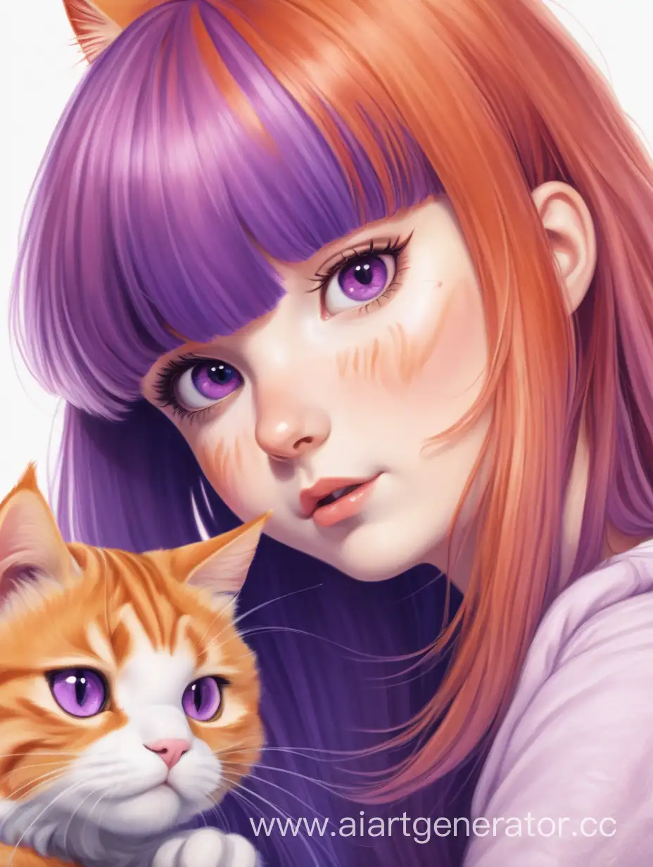 Девочка с чёлкой фиолетовые волосы и рядом с ней рыжий кот