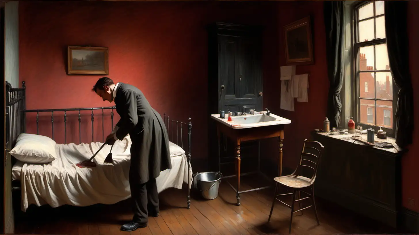 Edwardian Crime Scene Smartly Dressed Man Cleansing After Tragedy in Dimly Lit Bedsit