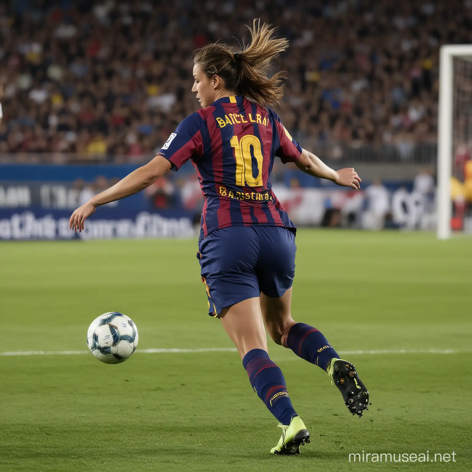 Back of female Barcelona player kicking football in action