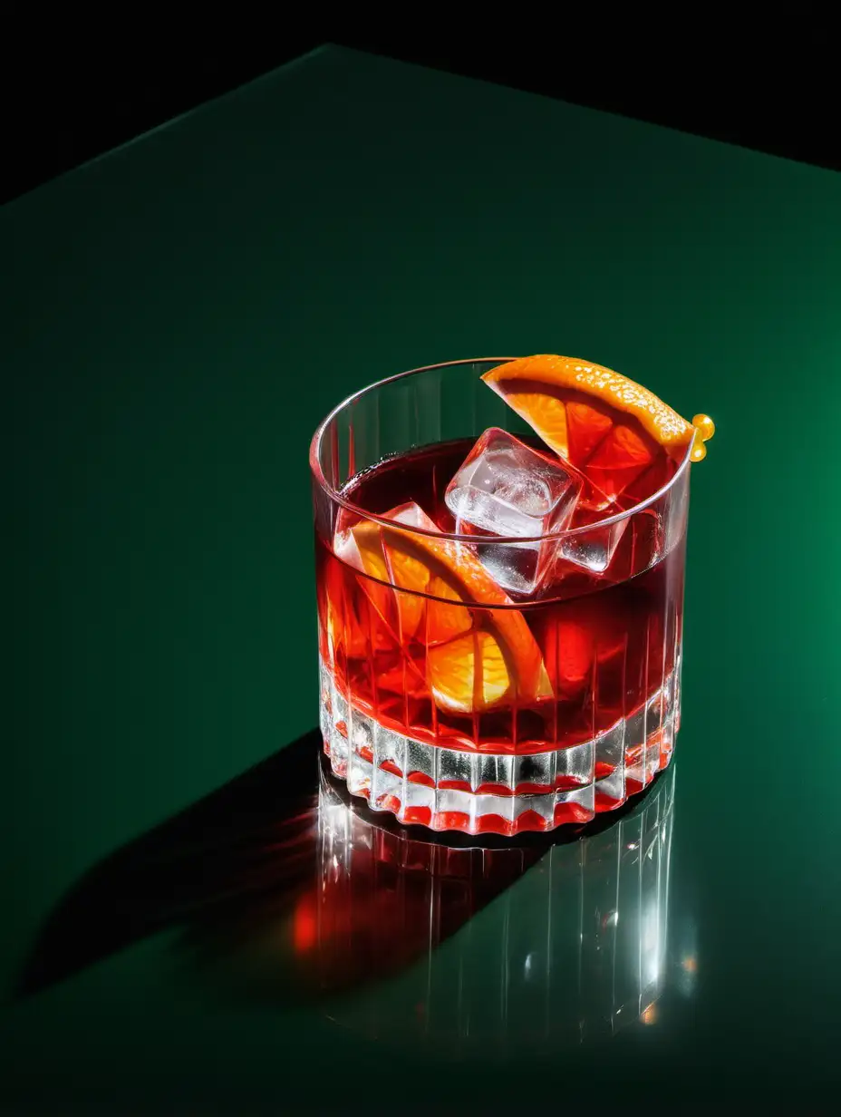 Elevated Negroni Cocktail on Reflective Surface with Vibrant Green Backdrop
