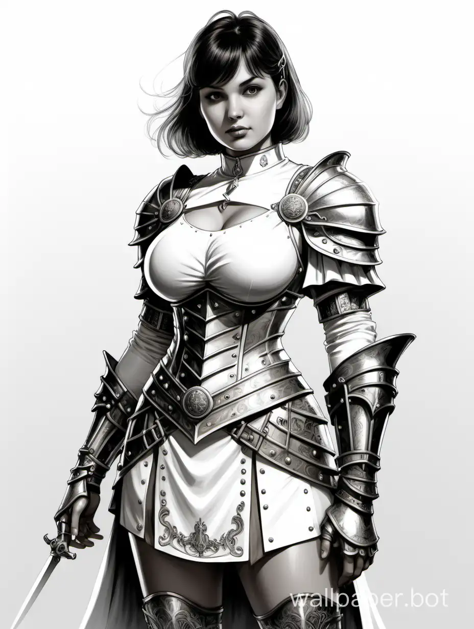 Young Alica Smehova, an Italian girl, an air mage, short light hair with bangs, large 4-size breasts, narrow waist, wide hips, white leather short armor with a deep neckline with metal decorations, skirt with metal overlays, black and white sketch, white background, Victorian style