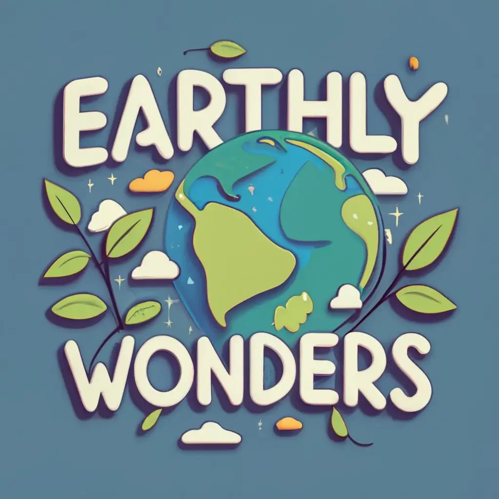 logo, Make it earthly and make it green and blue 3D effect, with the text "Earthlywonders", typography, be used in the Education industry, make the logo in the middle and drop leaves and just a bluer background