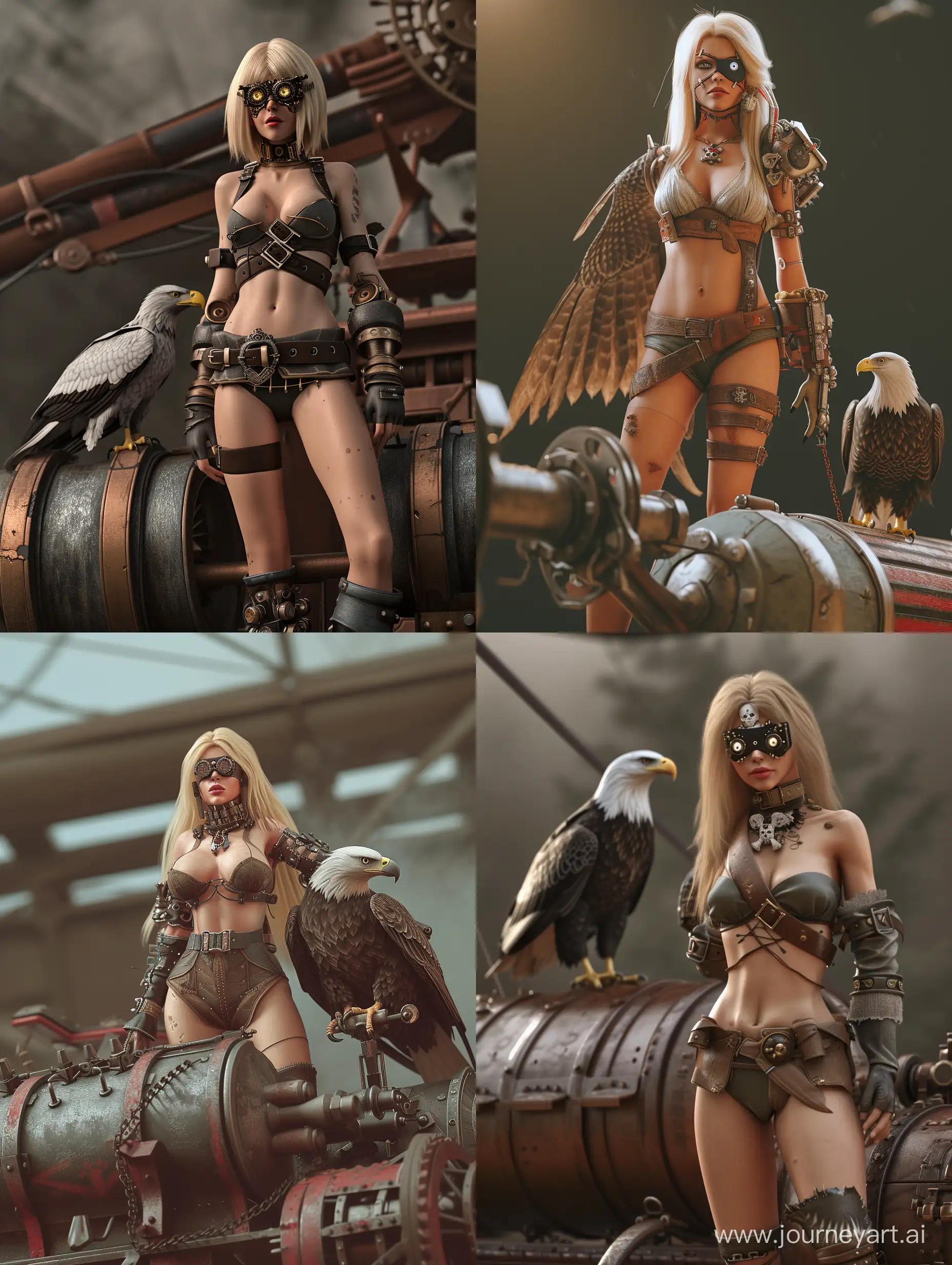A scantly clad female steam punk pirate captain with a robotic eye patch and blonde hair, standing atop a steam-powered airship, with an eagle perched next to her, dynamic pose, 3d, (8k), detailed texture,(hyperdetailed), (photo realistic), cinematic light, cinematic action, highly detailed, realistic, Isometric, full body, in frame, driven expression, dark theme, extremely detailed eyes, detailed symmetric realistic face, extremely detailed natural texture, masterpiece, extremely detailed, amazing, fine detail, rich colors, hyper realistic lifelike texture, dramatic lighting, unreal engine, trending on art station, photo realistic, RAW photo, high quality, high res, sharp focus, extremely detailed, cinematic lighting, 8k, high definition, cinematic, neoprene, unreal engine 5, ultra sharp focus