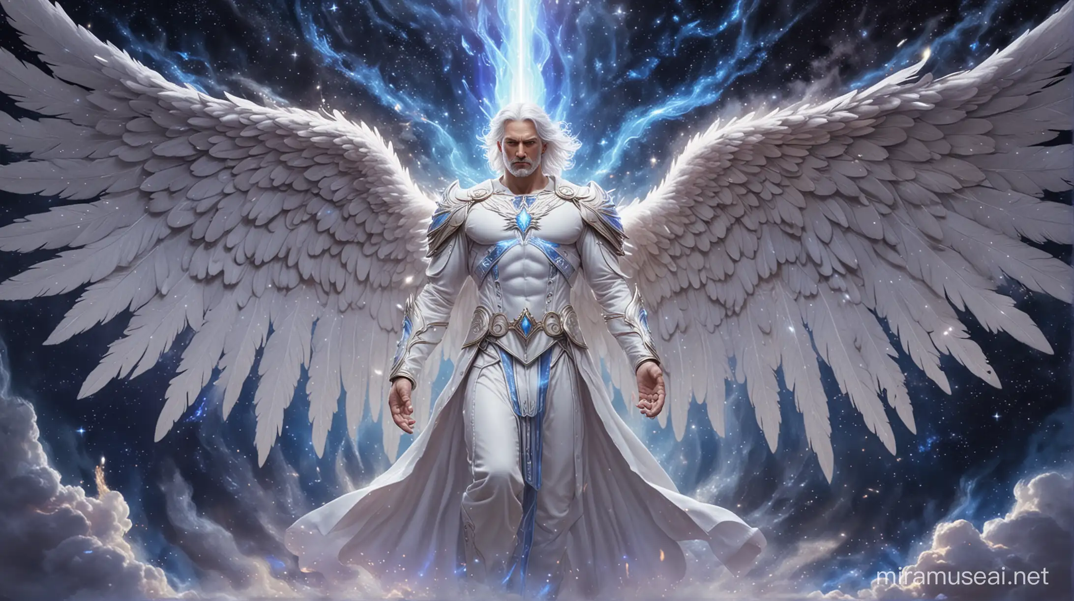 Powerful Guardian Angel with Glowing Blue Flames Wings Against Starry Sky