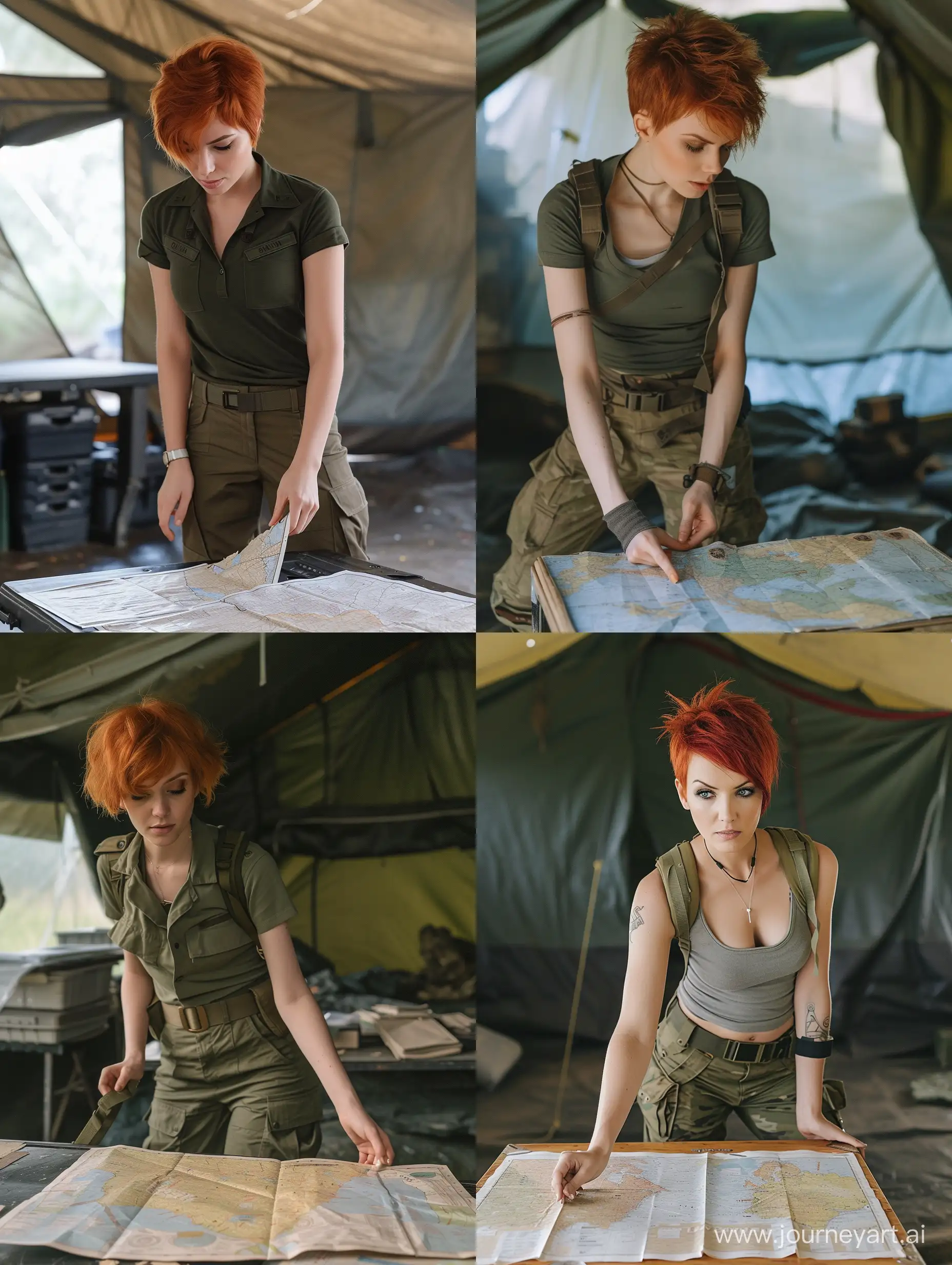  full body photo of a looking like (Tanya Adams) with short red hair, army tent environment, cargo pants, picking up map from table