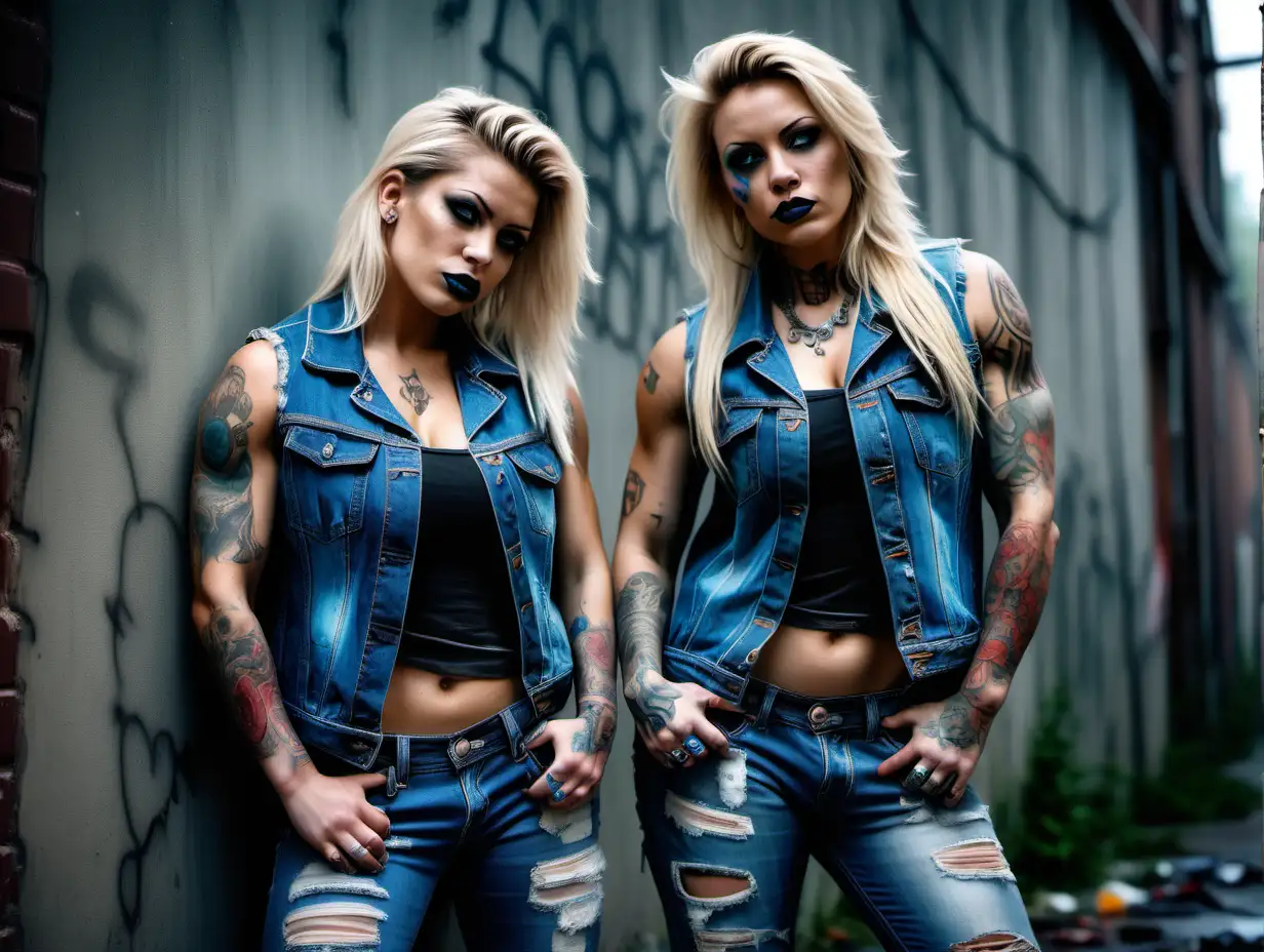 Two big extremely muscular tattooed blonde female gang members in blood stained blue denim vests and torn blue jeans leaning against a wall in a cluttered alley in the fog