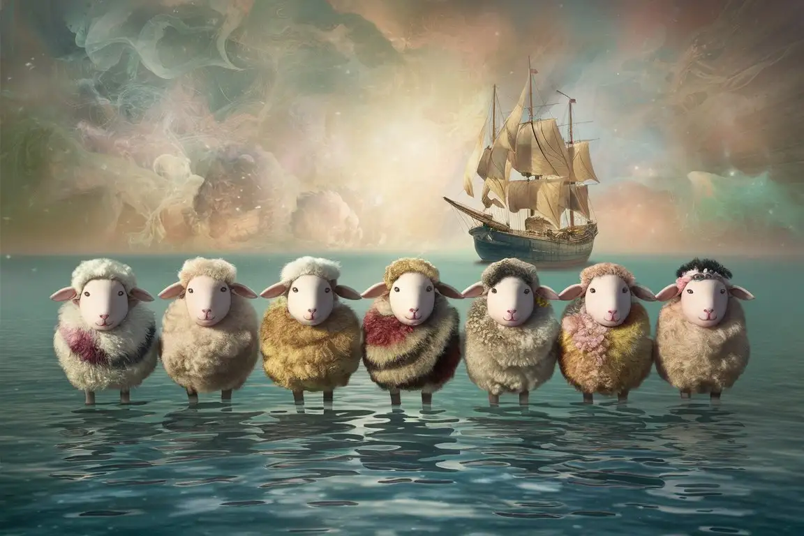 surreal picture row of cute sheep [in front of a ship] at sea [patchwork punk] whimsical naive Hayhurst-oneiric surreal ethereal