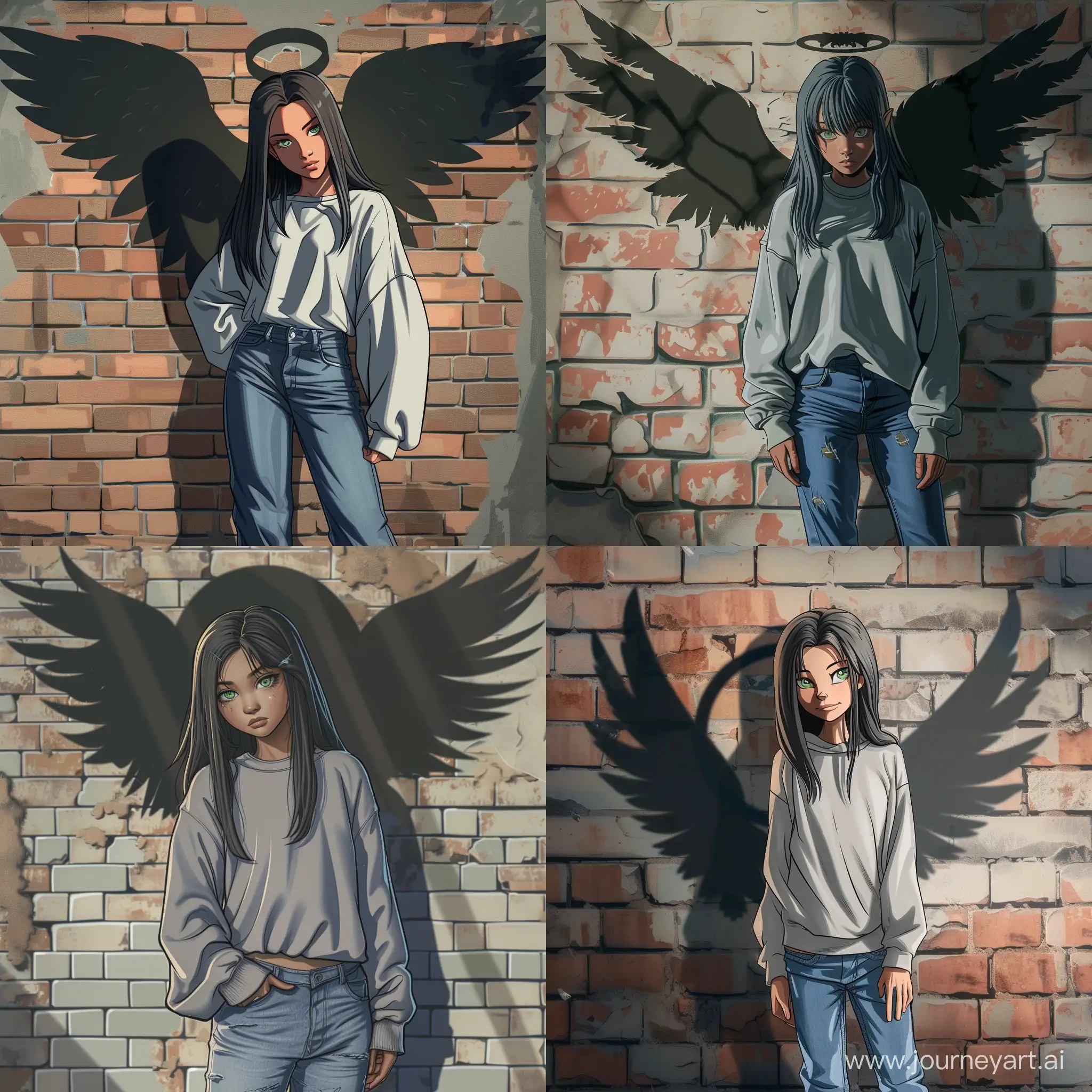 Beautiful girl, straight dark hair, gray-green eyes, white skin, teenager, 14 years old, jeans and oversize sweatshirt, shadow of wings on a brick wall behind, black halo, high quality, high detail, cartoon art