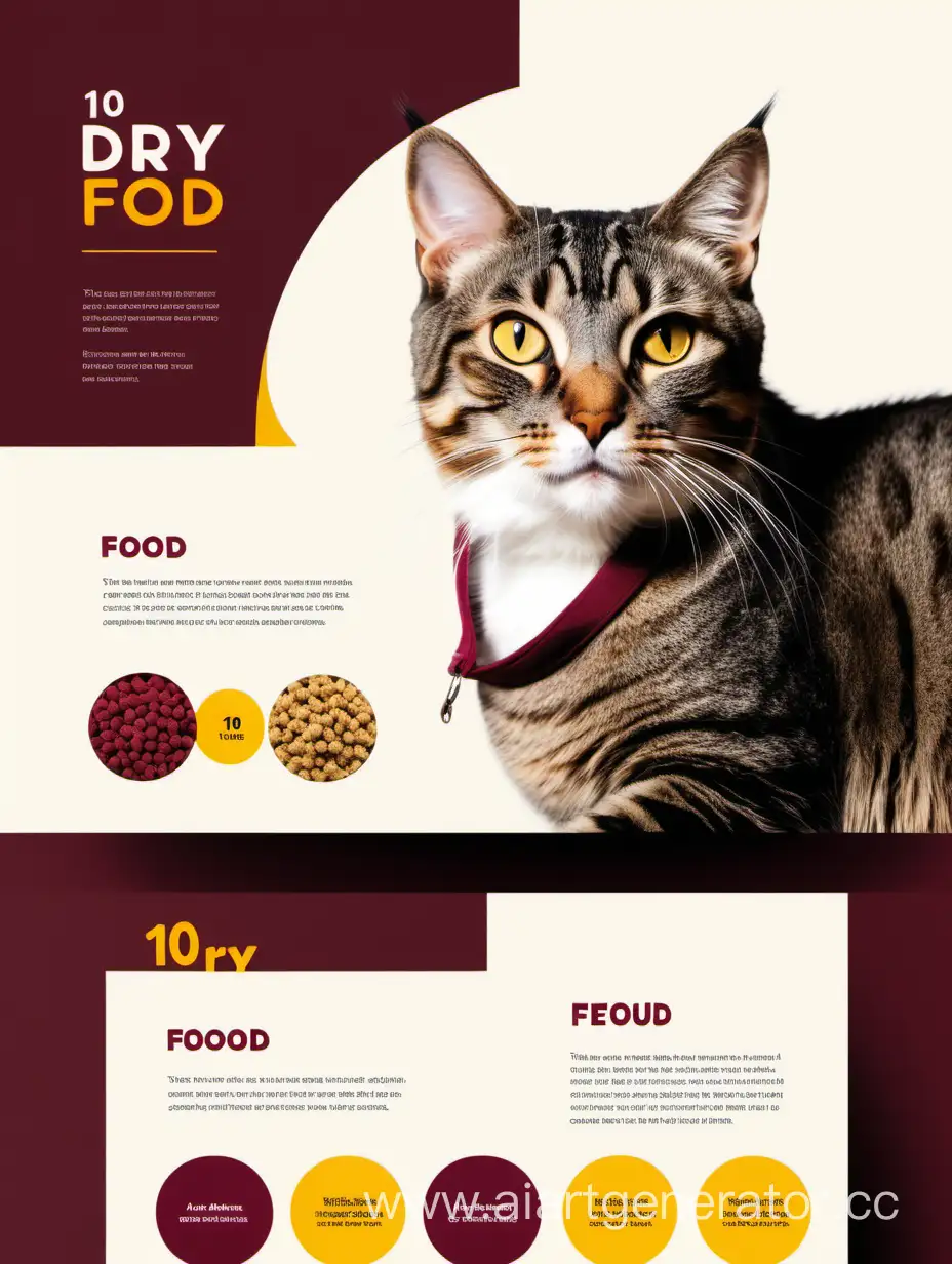 сделай стильную схему презентации  10 преимуществ сухого корма для кошек.
Используй бордовый, белый и желтые цвета