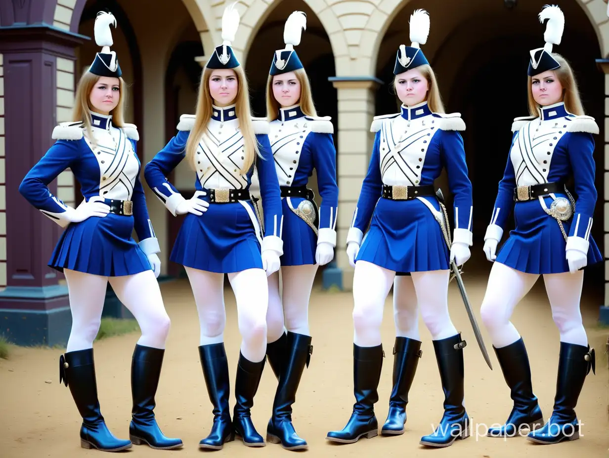 девушки гусары в синих мундирах белых колготках чёрных сапожках