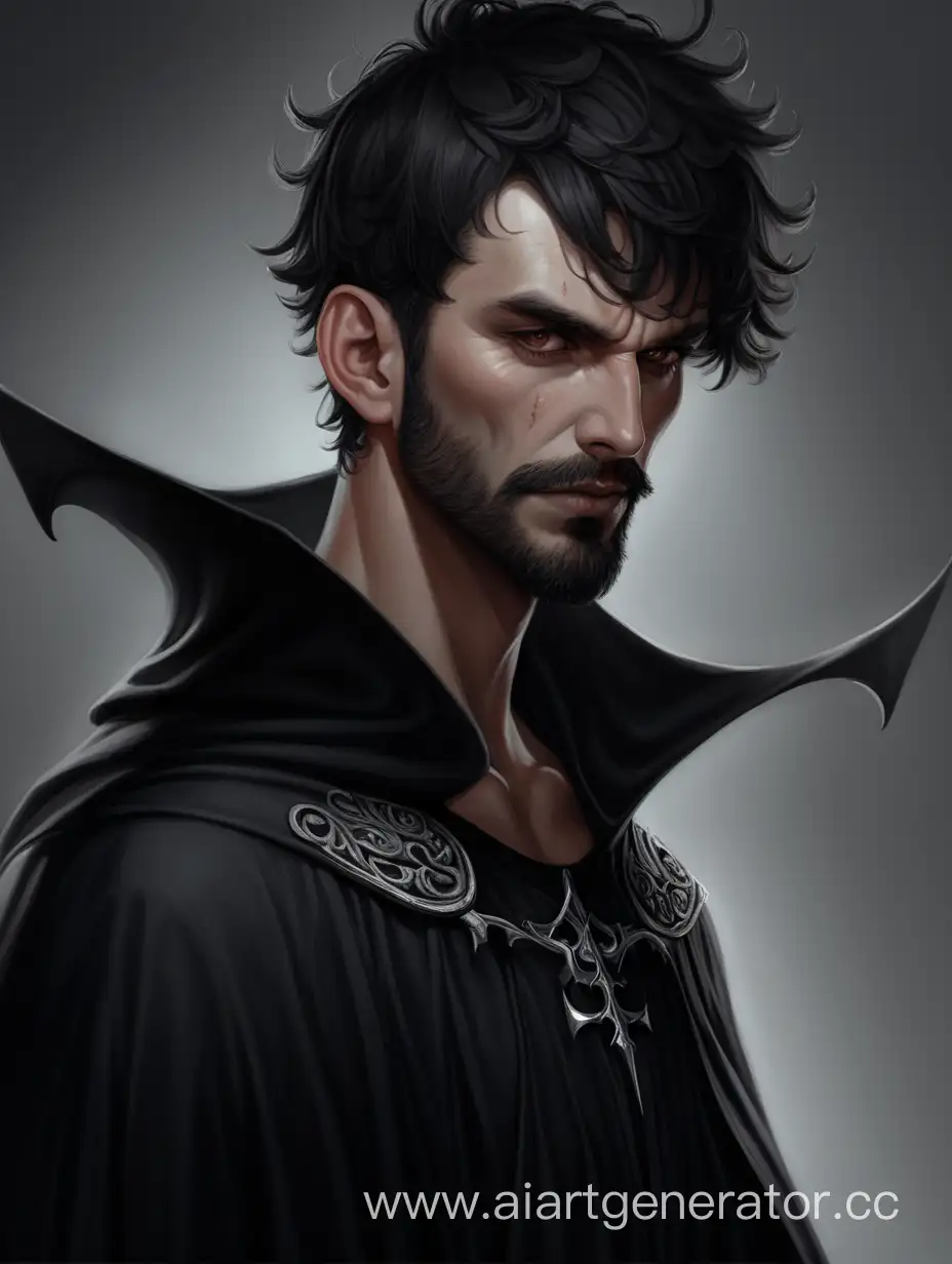 Привлекательный мужчина демон в мантии чёрного цвета, с бородой и с короткой стрижкой чёрного цвета. 