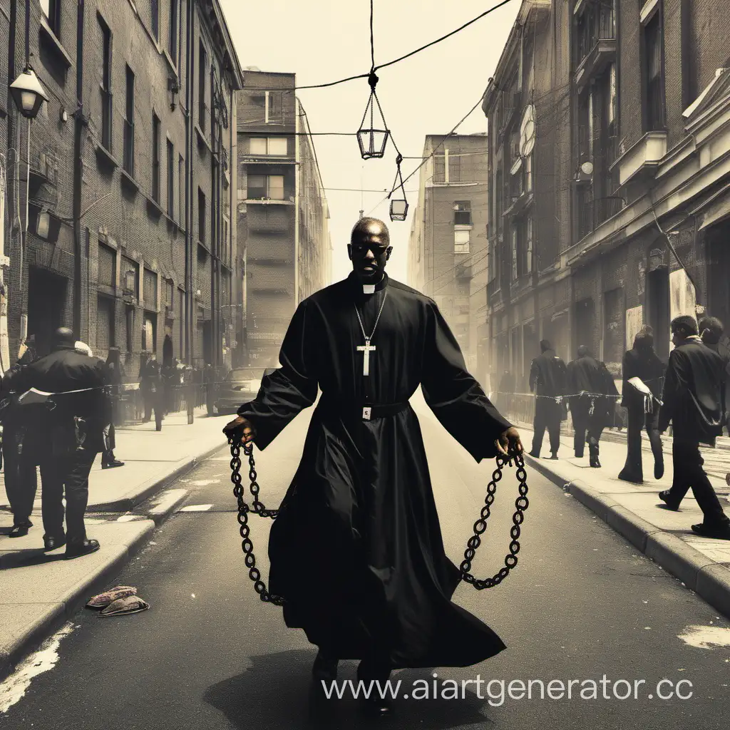Черный священник идет в наручниках по городу