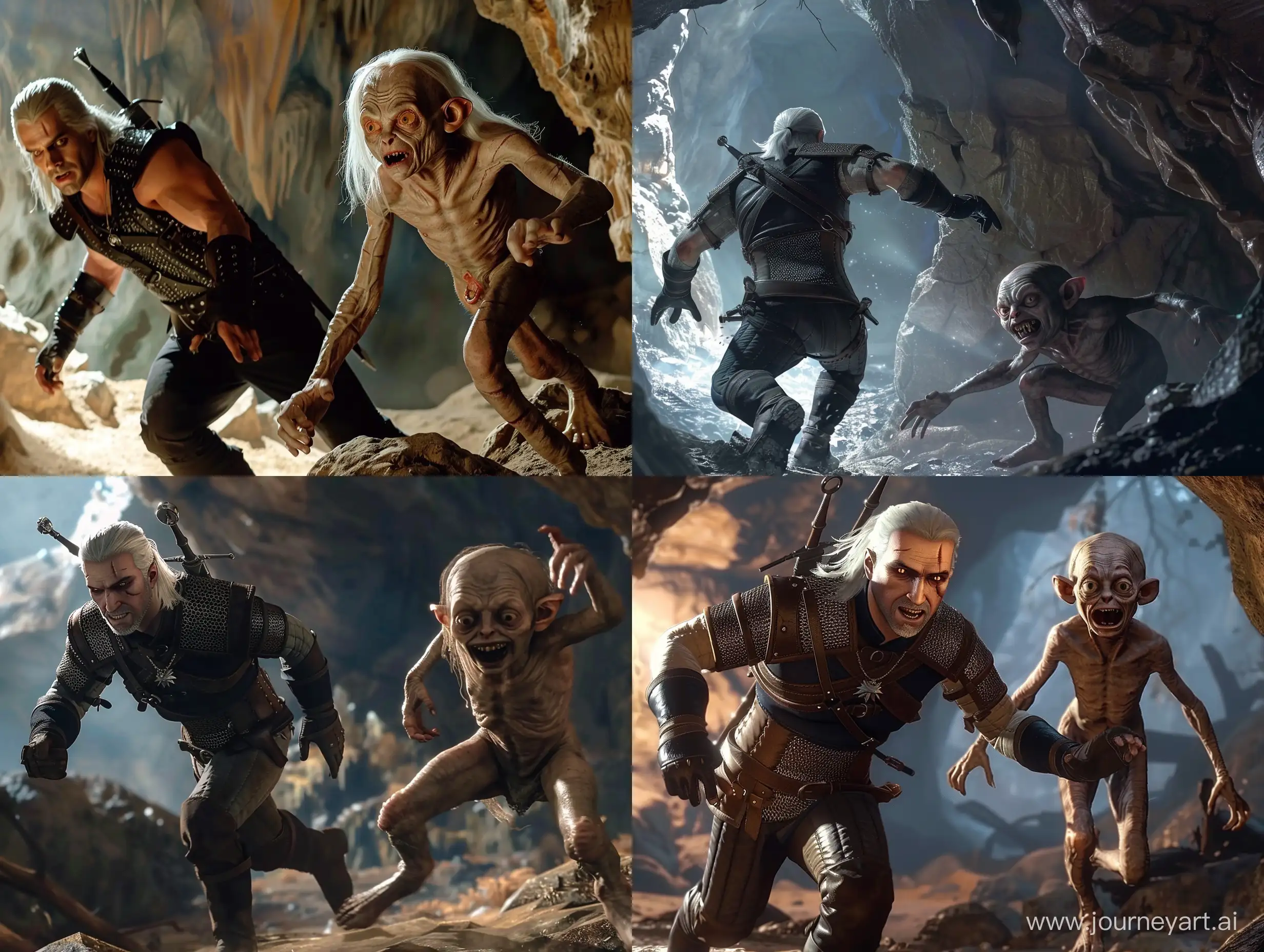 The Witcher 3 style, Geralt of Rivia runs after Gollum in a cave, Gollum holds a ring, Lord of the Rings style