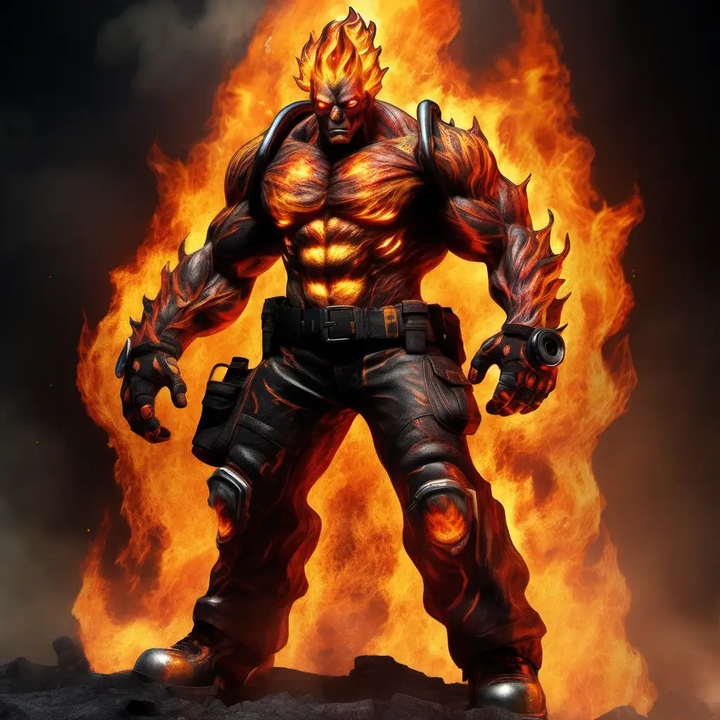  Blaze is a muscular and imposing figure, with charred firefighter gear adorned with flames. His skin appears scorched, with veins of fire coursing beneath the surface. His eyes burn with an intense fiery glow, and wisps of flame dance around his body.