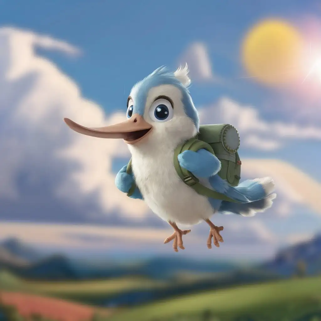 In the sky flies a small bird, blue and white in color with a long beak. The bird has a small backpack.