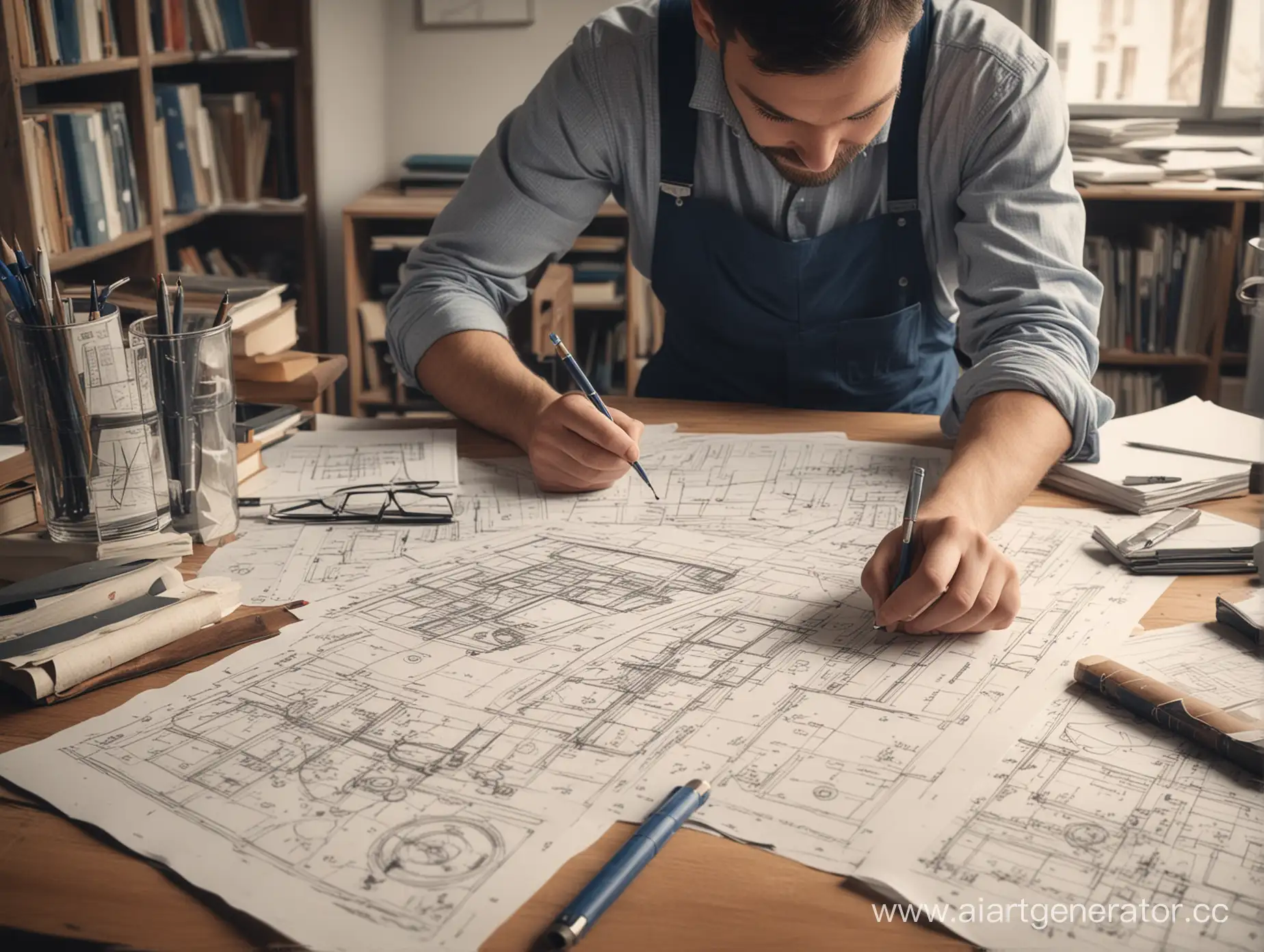 Architect-Crafting-Blueprint-at-Cluttered-Desk-with-Extensive-Drawings-and-Books