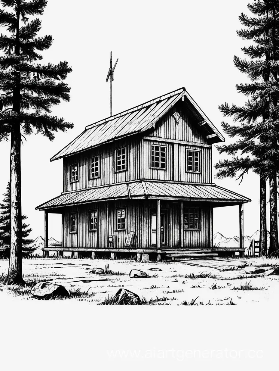 manga style, simple style,  the building with symbols from far cry 5